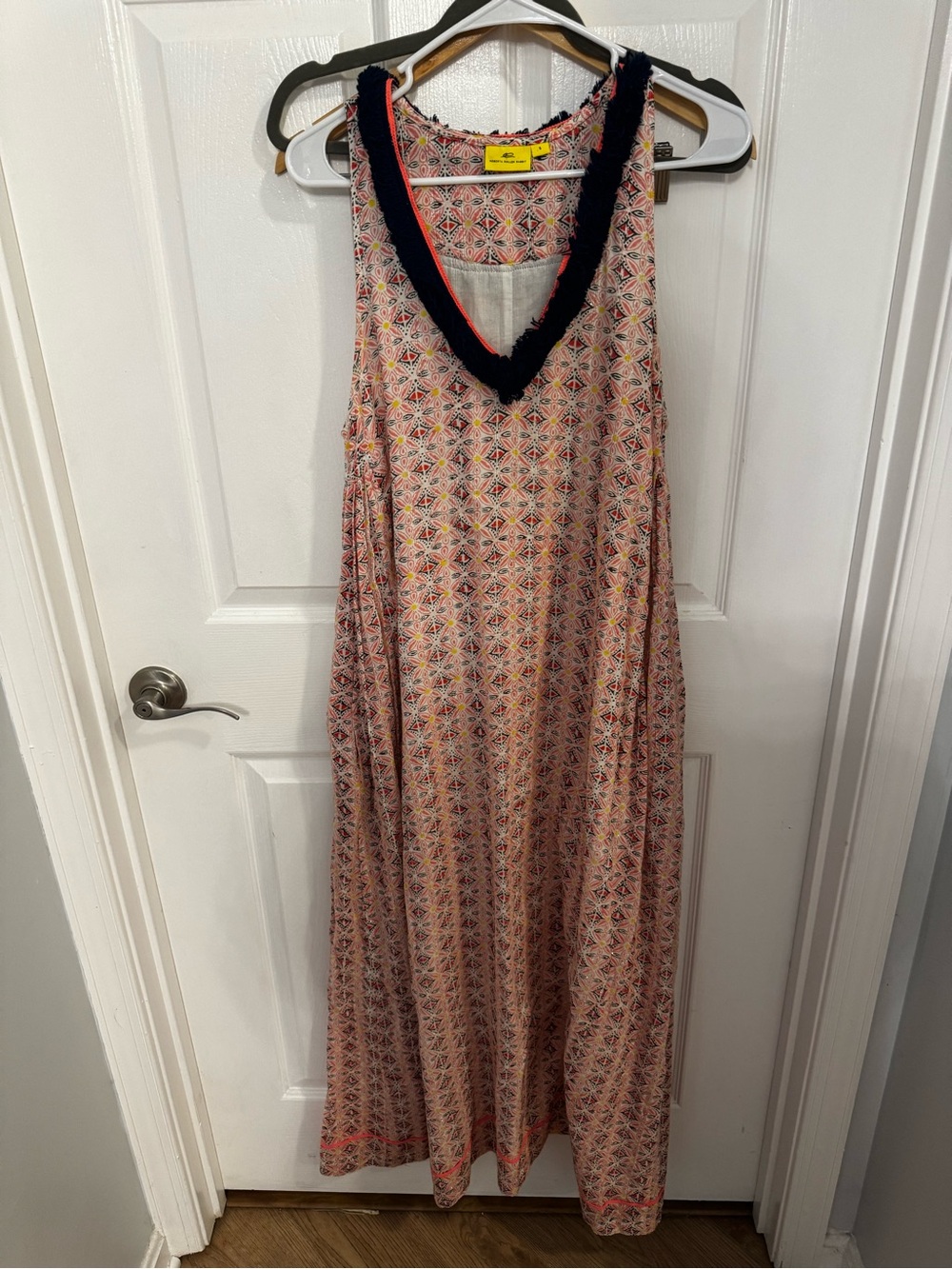 Roberta Roller Rabbit Pink Patterned Maxi Dress with Navy Fringe